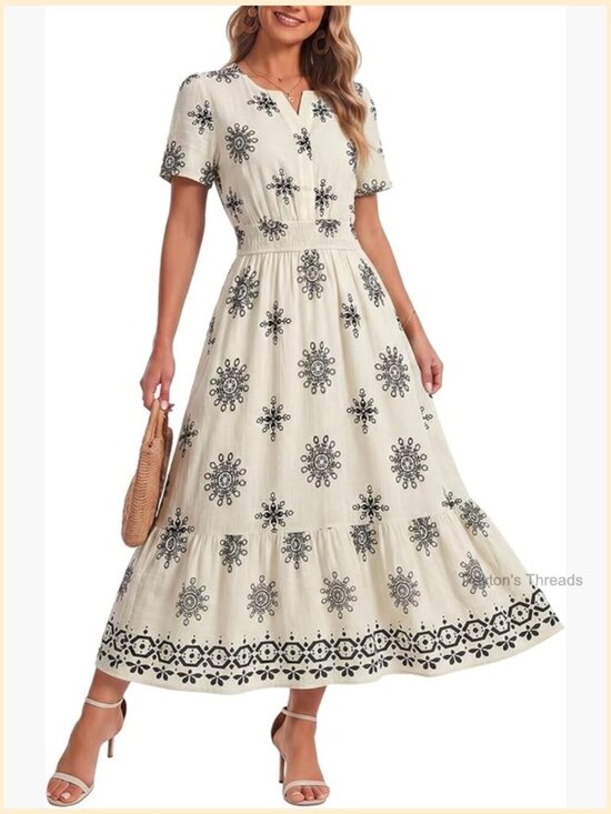 Dresses & Skirts - V Neck Short Sleeve Flowy Maxi Dress - Bohemian Floral Tiered Ruffle